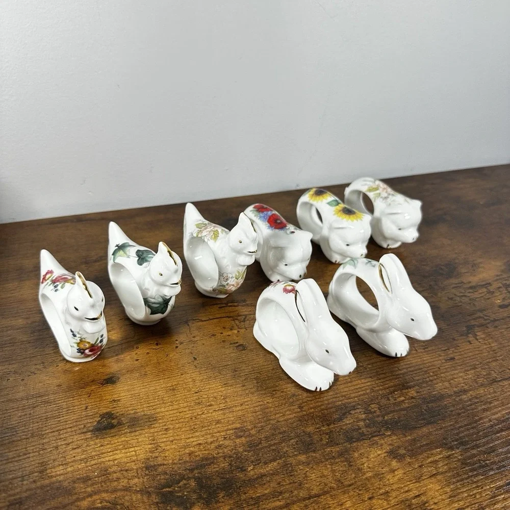 VTG Floral Porcelain Bunny, Pig, Chicken Napkin Rings Spring 8pc Staffordshire